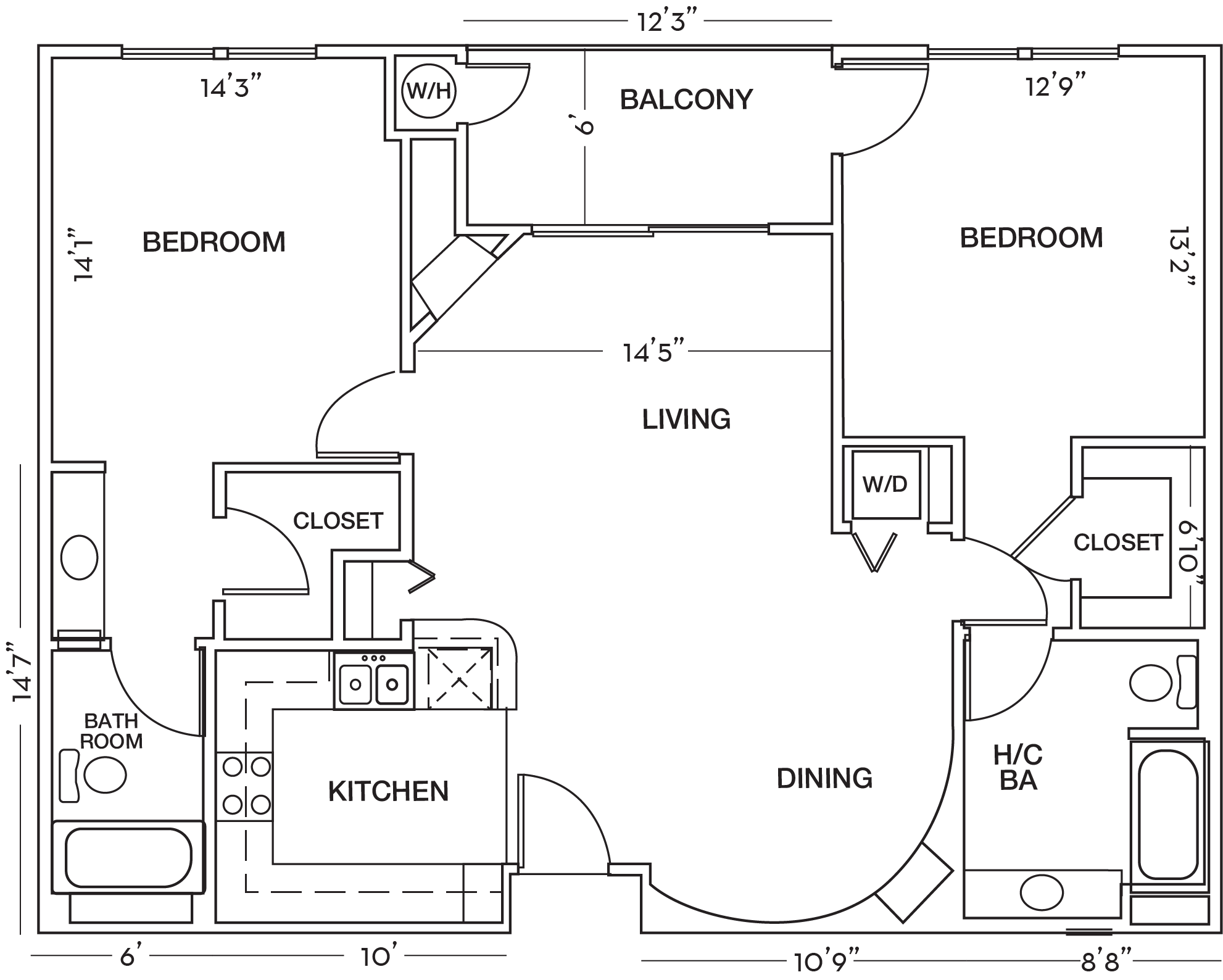 2 Bedroom 2 Bath Floor Plan at Toluca Court, California